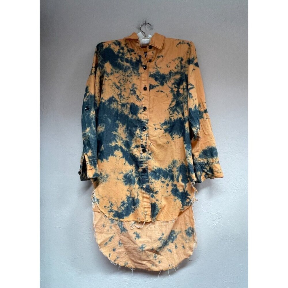 Thrill Jeans Womens Tie-Dye Denim Dress Medium Long Back Raw Edge Cotton Orange